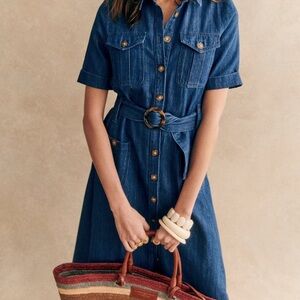 NWT Sezane Raquel Blue Buttoned Tie Front Midi Dress